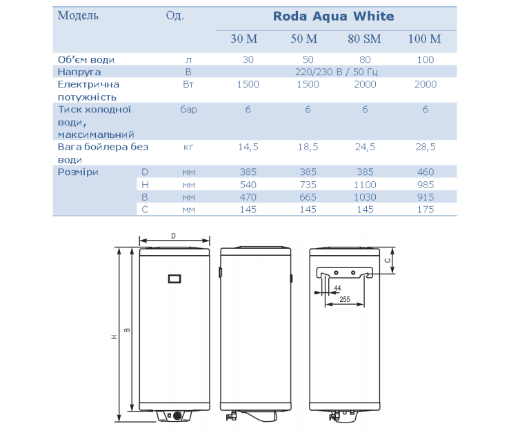 Водонагреватель Roda Aqua White 50 M 1